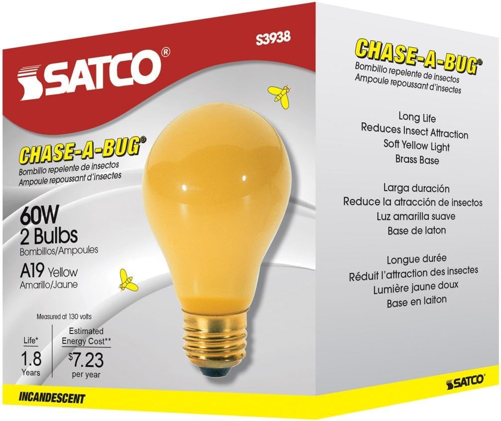 Satco 60A/Bug Incandescent General Service, 60W E26 A19, 12 Yellow Bulbs
