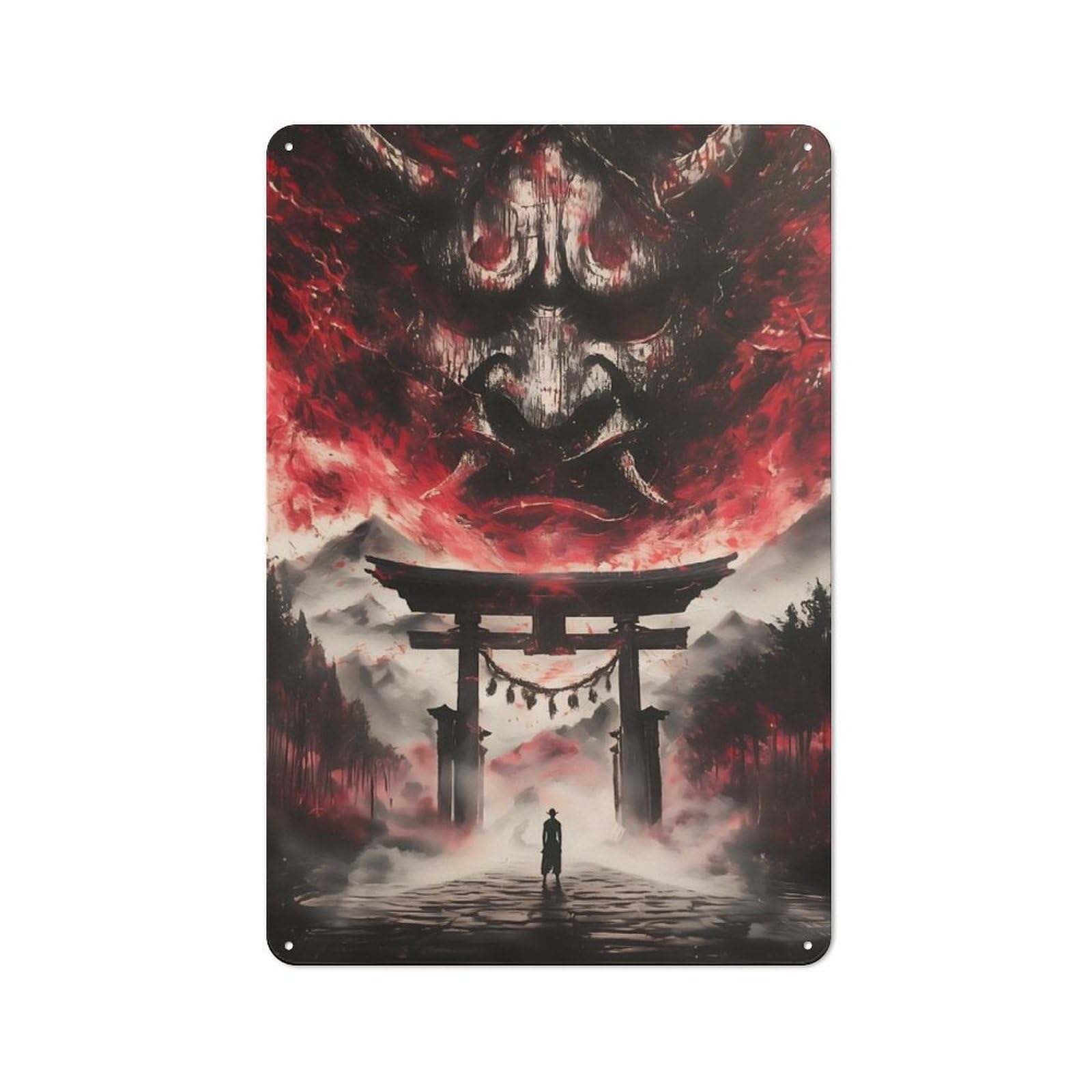 Junmoney Evil Torii Gate Oni Mask Metal Sign 30X20cm With For Garage Wall, Vintage Decor, Tin Sign Wall Decor For Garages And Workshops