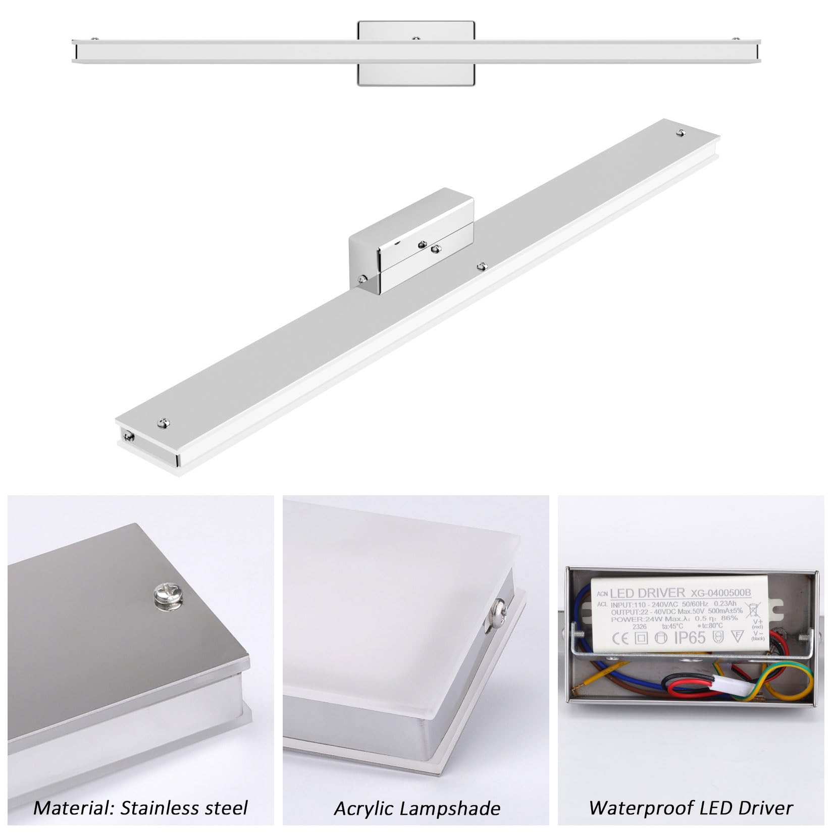 Klighten Luz Espejo Baño LED 60cm 20W, 2000LM Lámparas para el Espejo del Cuarto de Baño, Apliques Espejo de Baño Moderno, 110-240V, 3000K Blanco Cálido, Cromo