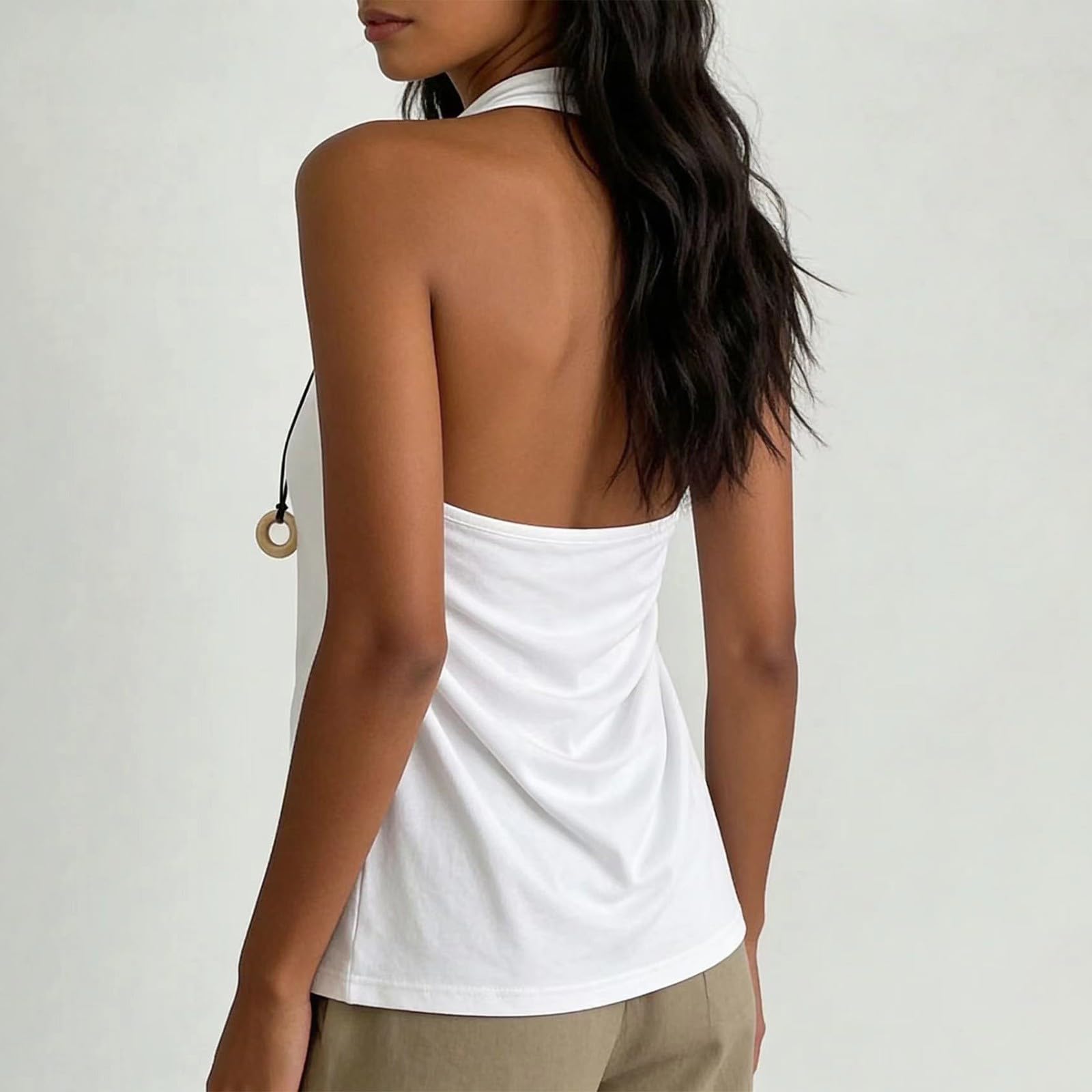 Conjunto de top para mujer con cuello drapeado, color veraniego, cuello en V, parte superior sin espalda