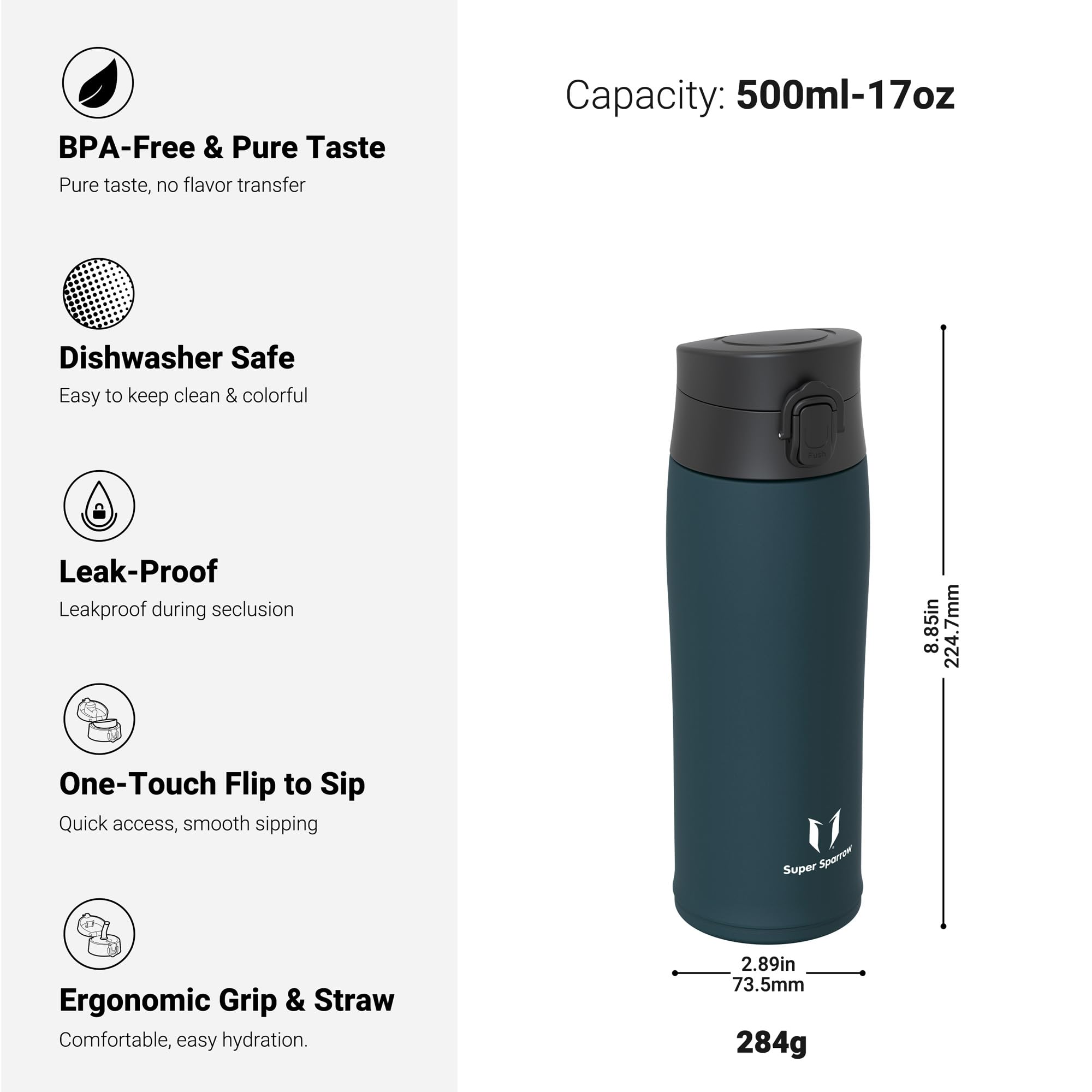 Super Sparrow Insulated Water Bottle, Travel Mug, 500ml, Stainless Steel Water Bottles, BPA Free, Leakproof Metal Bottles - Image 3