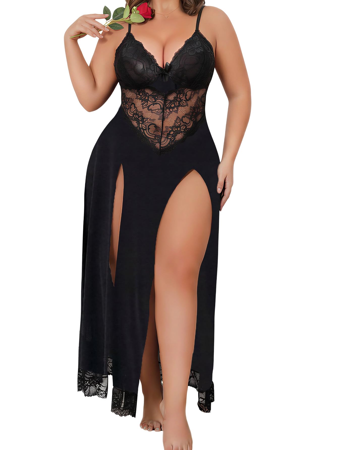 Alrovetoney Plus Size Lingerie For Women Babydoll Sexy Mesh Maxi Nightdress Exotic Sleepwear Side Slits