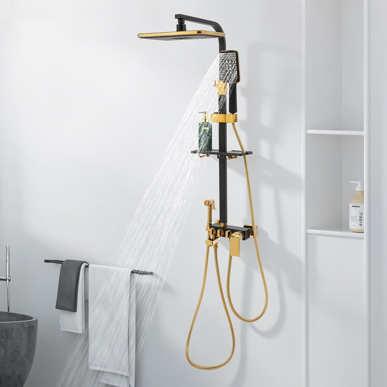 Duschsystem Schwarz Gold, Duschset 4 Sprühköpfe, Regendusche mit Handbrause