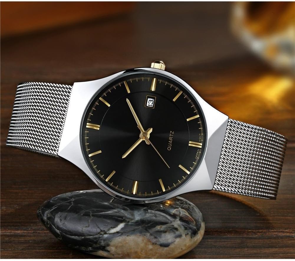 Herrenuhr, ultradünnes Edelstahl-Mesh-Band, modische Armbanduhr mit Datumsanzeige, wasserdicht, elegante Geschenkbox