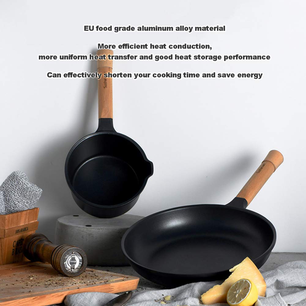 Pentola Cucina, Set 3 padelle antiaderenti, Padella Wok, pentola Il Latte, Set Utensili Cucina con Manico in faggio, Resistente Robusto