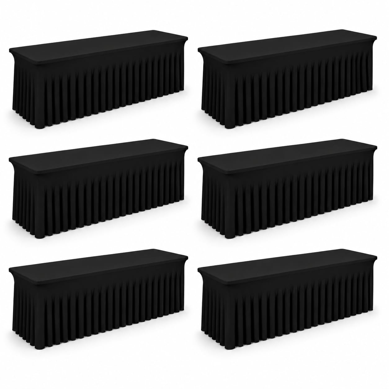 6 Pack 8FT Black Spandex Tablecloths with Skirts, 96 Inch Stretch Fitted Rectangular Table Covers, Wrinkle Resistant Reusable Tablecloth for Wedding, Banquet, Party,Bridal Shower,Birthday