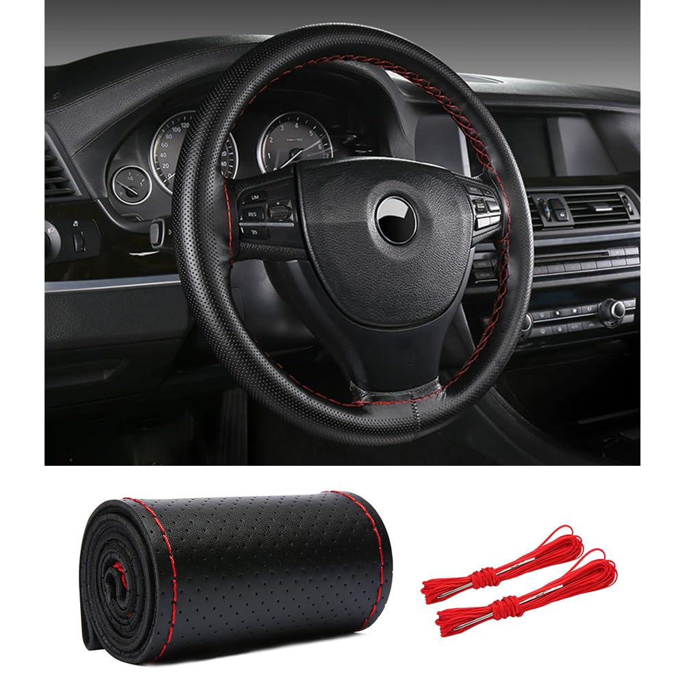 DIY Hand-Stitch Leather Steering Wheel Cover – Universal Fit 37-38cm, Anti-Slip, Breathable Cow Split Leather, Black