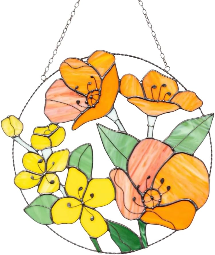 California Poppy Jasmine Suncatcher Stained Glass Home Decor Garden Window Wall Hanging Decorations. Mother's Day Gift, Cottage Core Real Glass Panel, Mother's in Law Gift