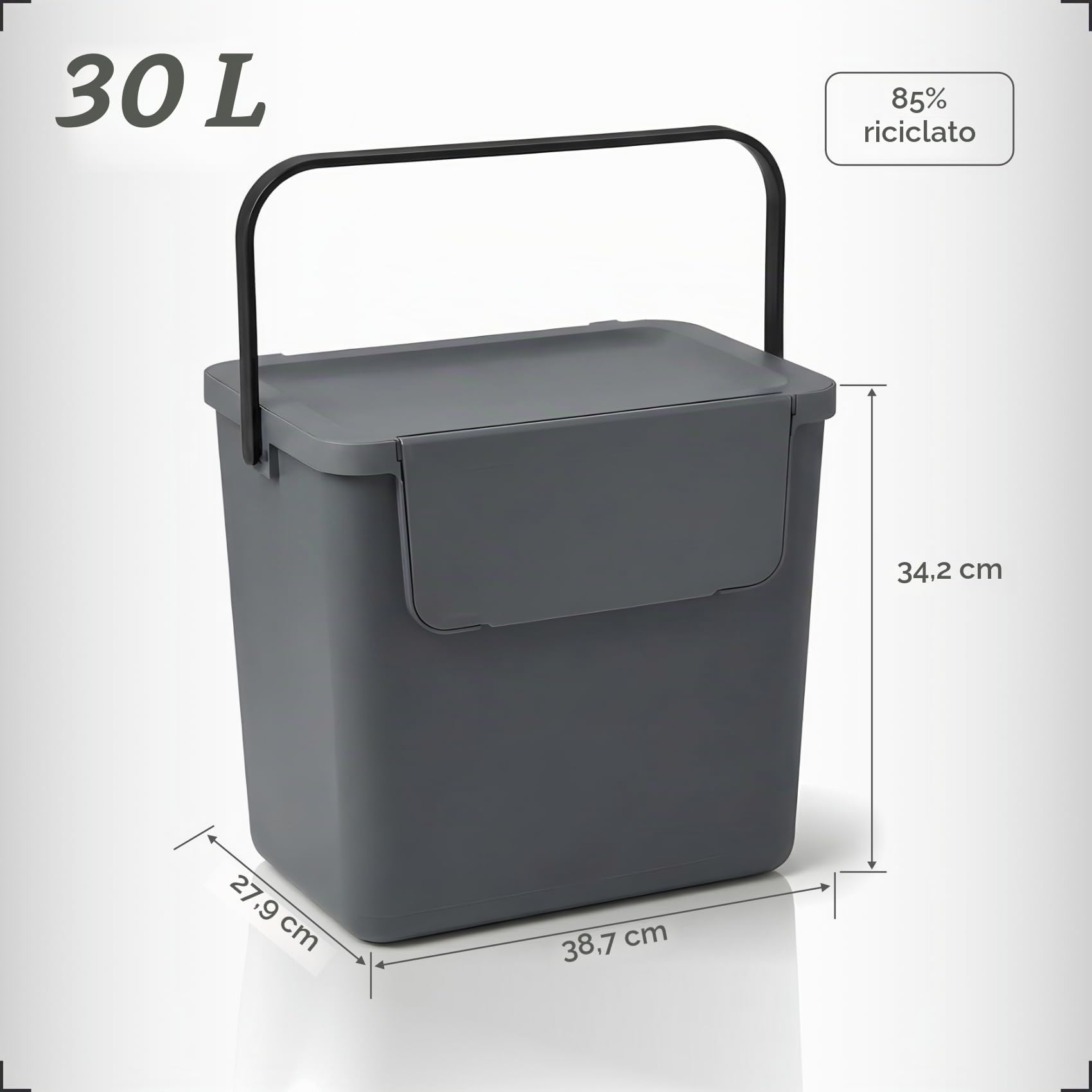 Set 2 pattumiere per differenziata, 2x30l antracite, recycling bin set, salvaspazio, 38x28x34(H) cm, contenitori raccolta differenziata interno