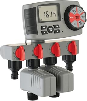 Irrigation Computer 4 Outlets Irrigation System Automatic Watering Timer Including 1 x 4-Way Water Distributor, 2 x Solenoid Valves