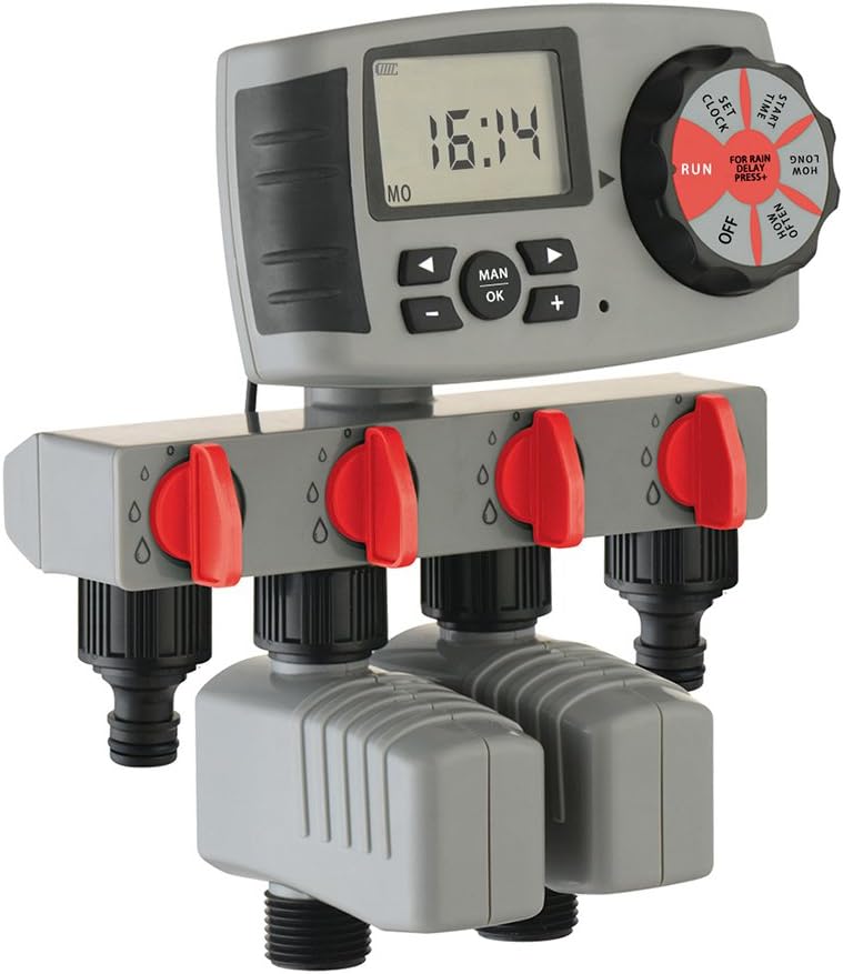 Irrigation Computer 4 Outlets Irrigation System Automatic Watering Timer Including 1 x 4-Way Water Distributor, 2 x Solenoid Valves