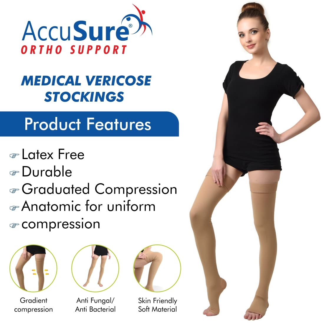 AccuSure Medical Compression Varicose Stocking 23-32 mmHg Support For Women & Men Thigh Length Hose|Open Toe|Beige| (XXL) 2
