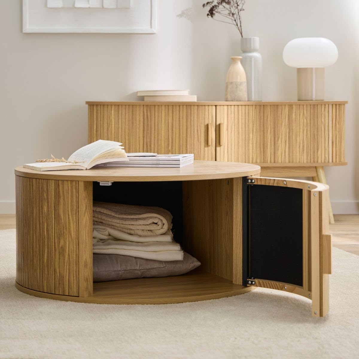 Calicosy – Mesa de centro redonda con almacenamiento D75 cm – Colección Ernest – Diseño vintage y práctico – Mueble de salón elegante de MDF