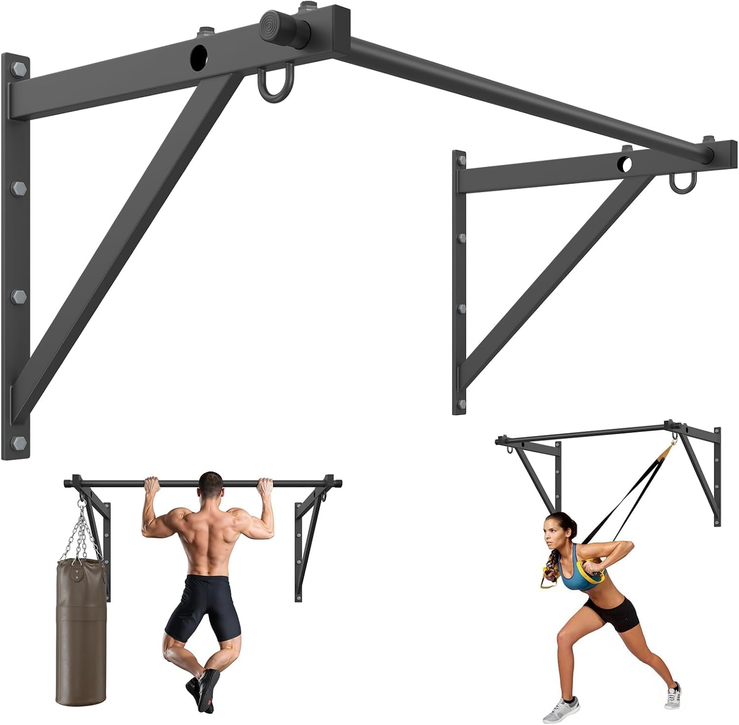 Jusgym Klimmzugstange Wandmontage 130 cm, Pull Up Bar 250 kg Tragfähigkeit, Klimmzugstangen für Krafttraining zuhause, Garage – einfache Montage, schwere Ausführung, Trainingsstation