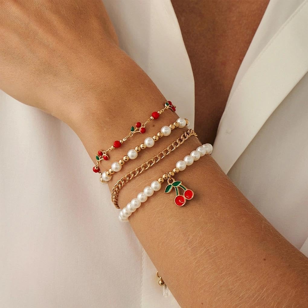 Dainty Gold Pearls Cherry Charm Bracelets Set for Women,Cute Pearls Beaded Fruit Stackable Bracelet,Statement Birthday Party Jewelry Accessories Gifts - Image 4