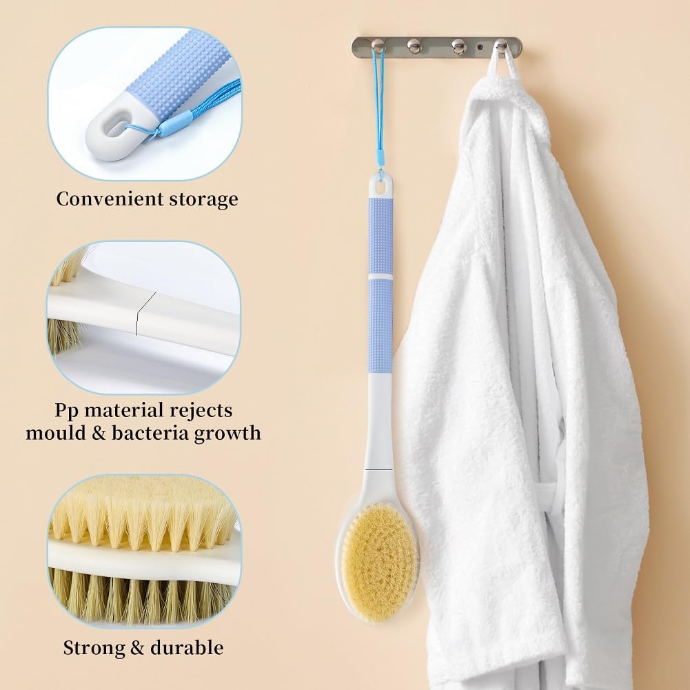 HORJOR Brosse de Bain Douche Long Manche 44cm, pour le Brossage Du Dos Humide ou Sec, Brosse Corps, Nettoyage en profondeur, Exfoliation douce, Peau radieuse