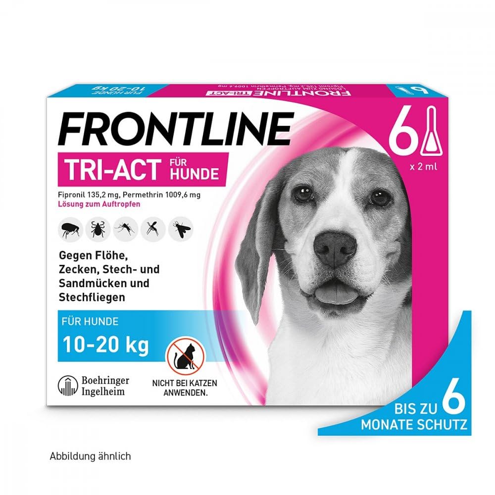 FRONTLINE TRI-ACT Hund M gegen Zecken, Flöhe & Mücken (10 bis 20 kg) | 6x Pipetten für bis zu 6 Monate Schutz - wasserfest - perfekt auf Reisen - beugt Leishmaniose vor