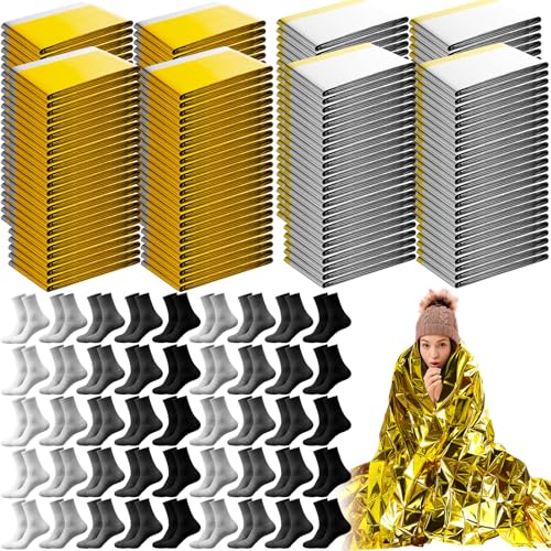 Jamntower 300 Pcs Emergency Blanket and Sock Bulk Emergency Thermal Space Blankets Survival Winter Socks Gold and Silver Double-Sided Insulating Kits for Outdoors Camping Homeless Hiking
