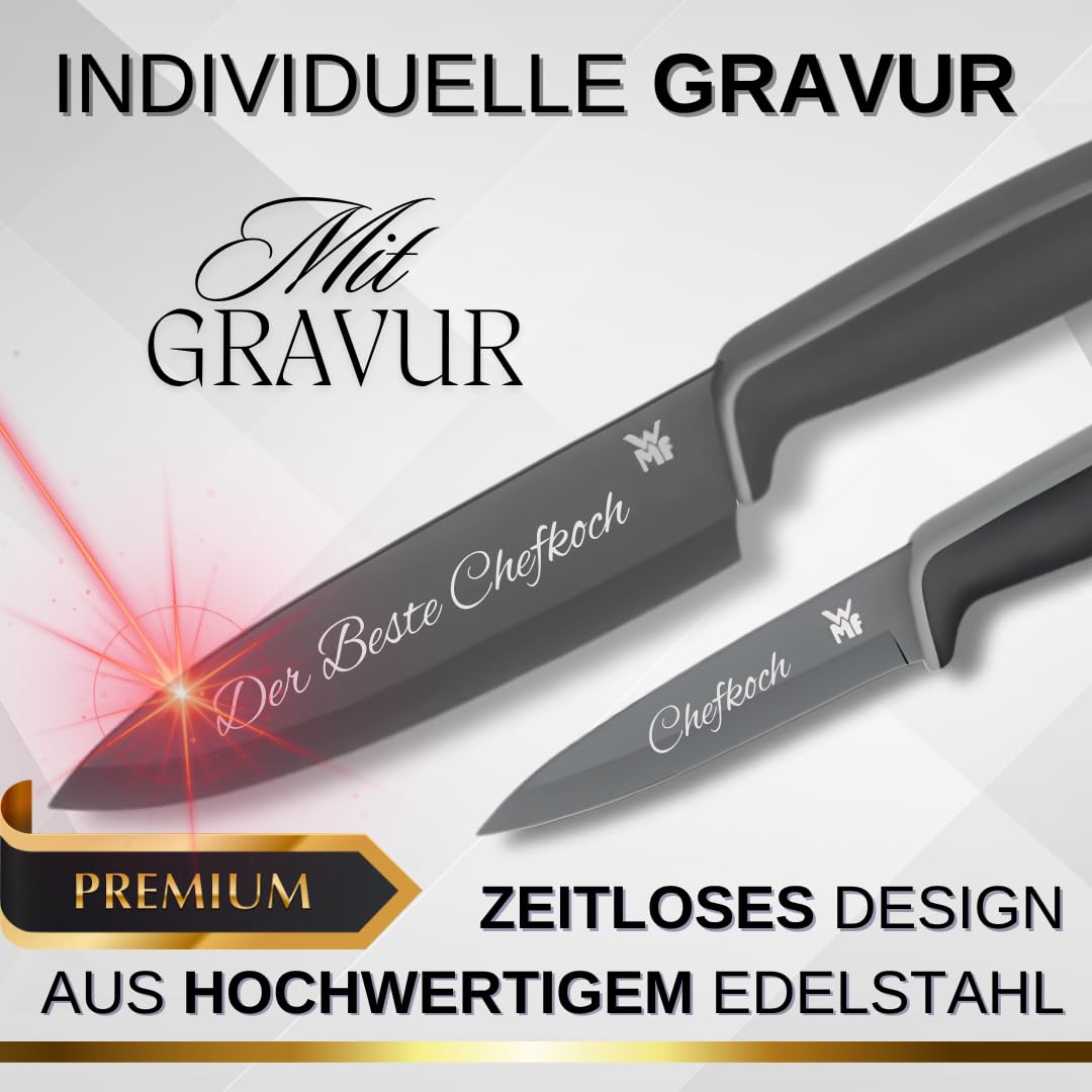 2-teiliges Messerset von WMF mit Wunschgravur - Küchenmesser mit Schutzhülle & Wunschgravur - Edelstahl, Ergonomisch, Spülmaschinenfest - Personalisierte Geschenkidee - Schwarz