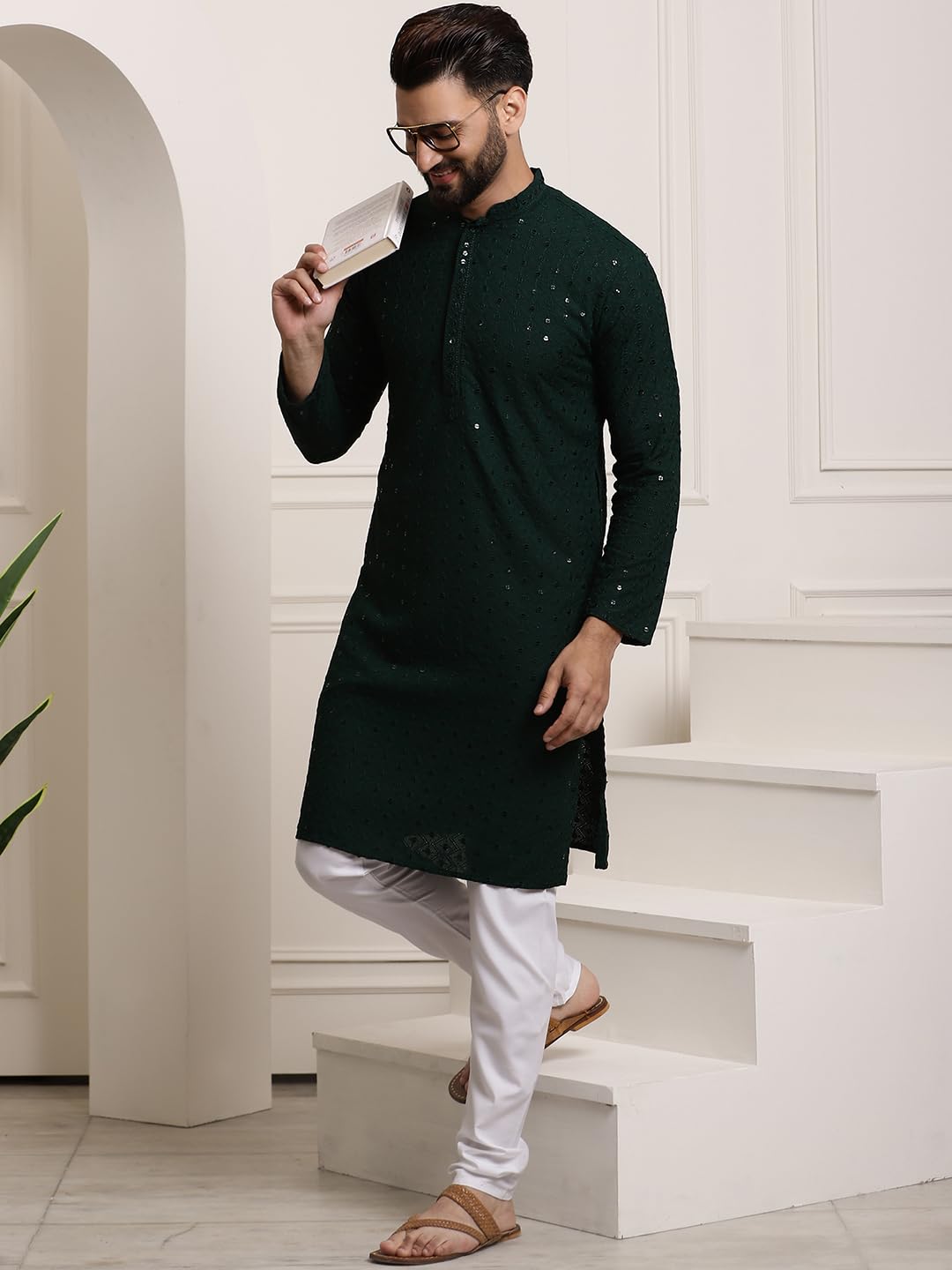 Sojanya (Since 1958 Men's Pure Cotton Dark Green Sequence Kurta & White Pyjama Set