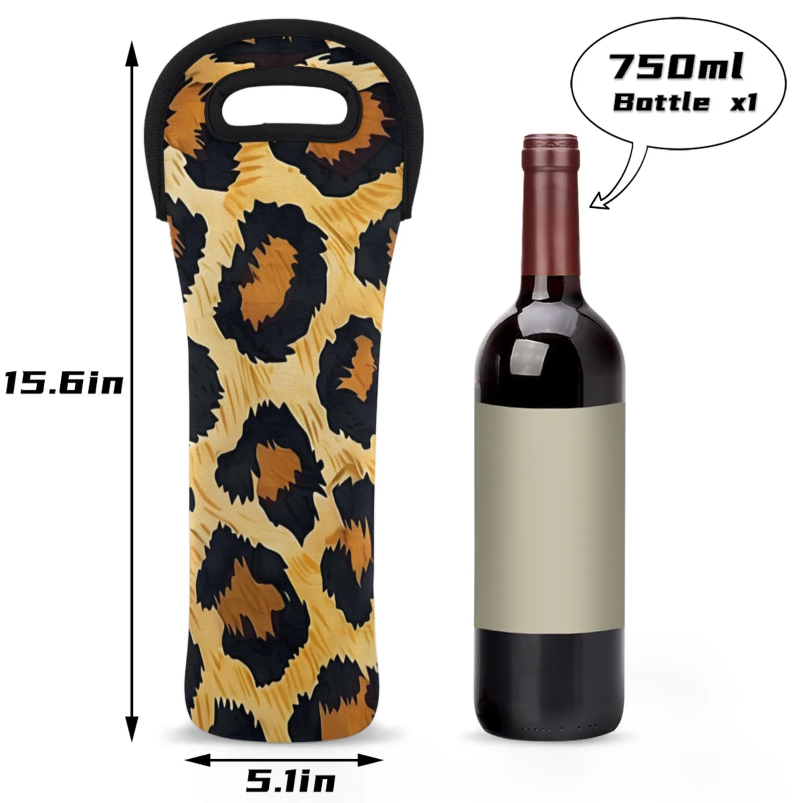Neoprene Wine Tote Carrier Bag for Wine,Water, Champagne, Beer, Baby Bottles 15.6 x 5.1 Inches, Protective Wine Bag,Animal Leopard Print