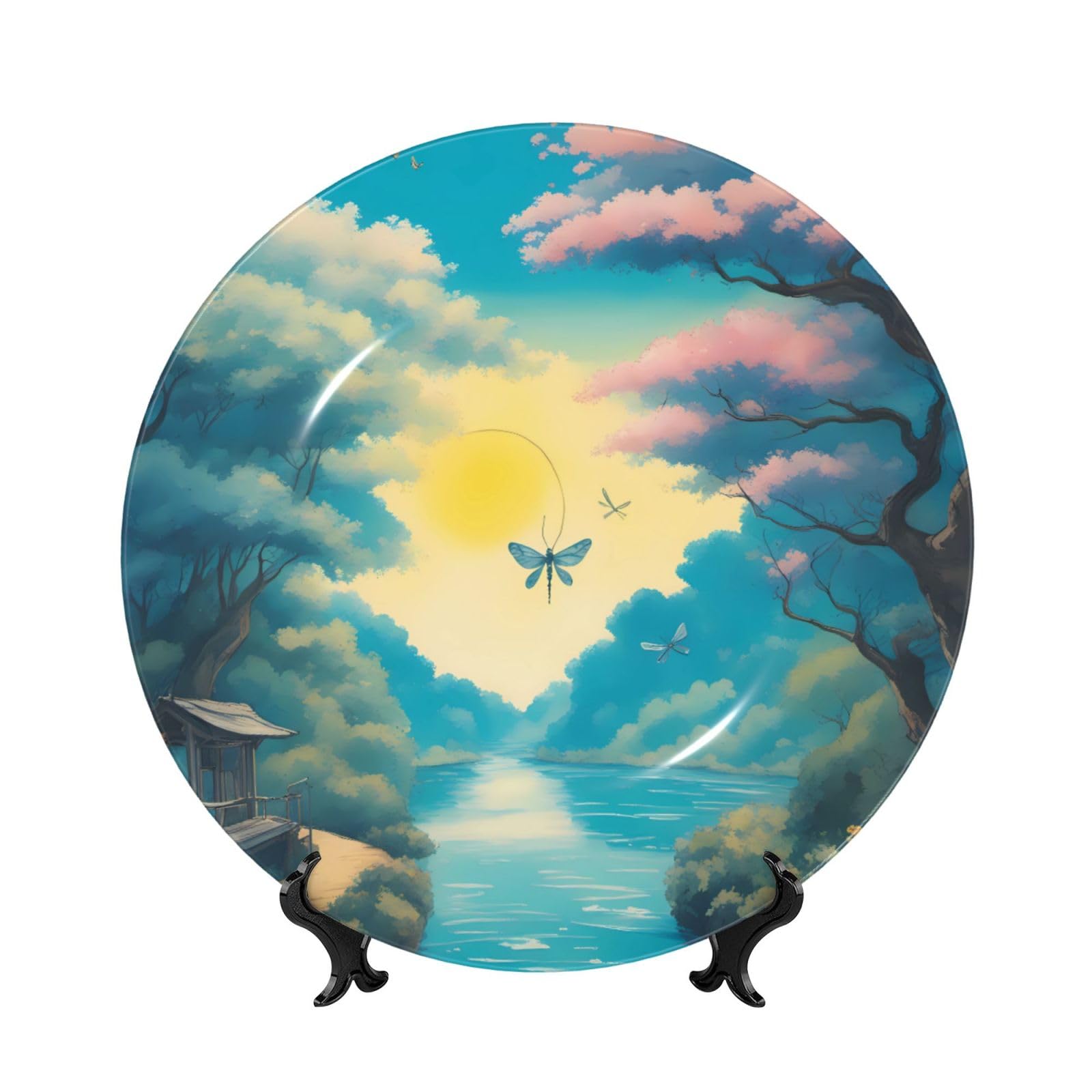 SXZVVBN beautiful dragonflies Bone China Decorative Plate Art with Stand Removable Adhesive Hanging for Home Office 6in（15cm）