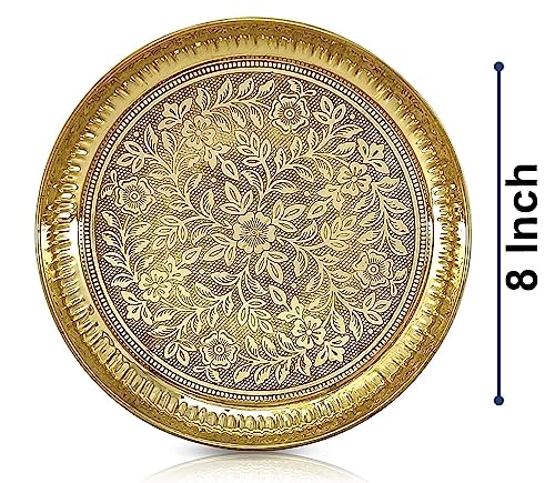 Image of BENGALEN Brass Puja Thali Set 8 Inch Pooja Thali with Pital Design Plate Kalash Chandan Wati Dhup Dan Diya Ghanti Palli Arti Thali for Diwali Home Office Mandir Wedding Return Gift Items