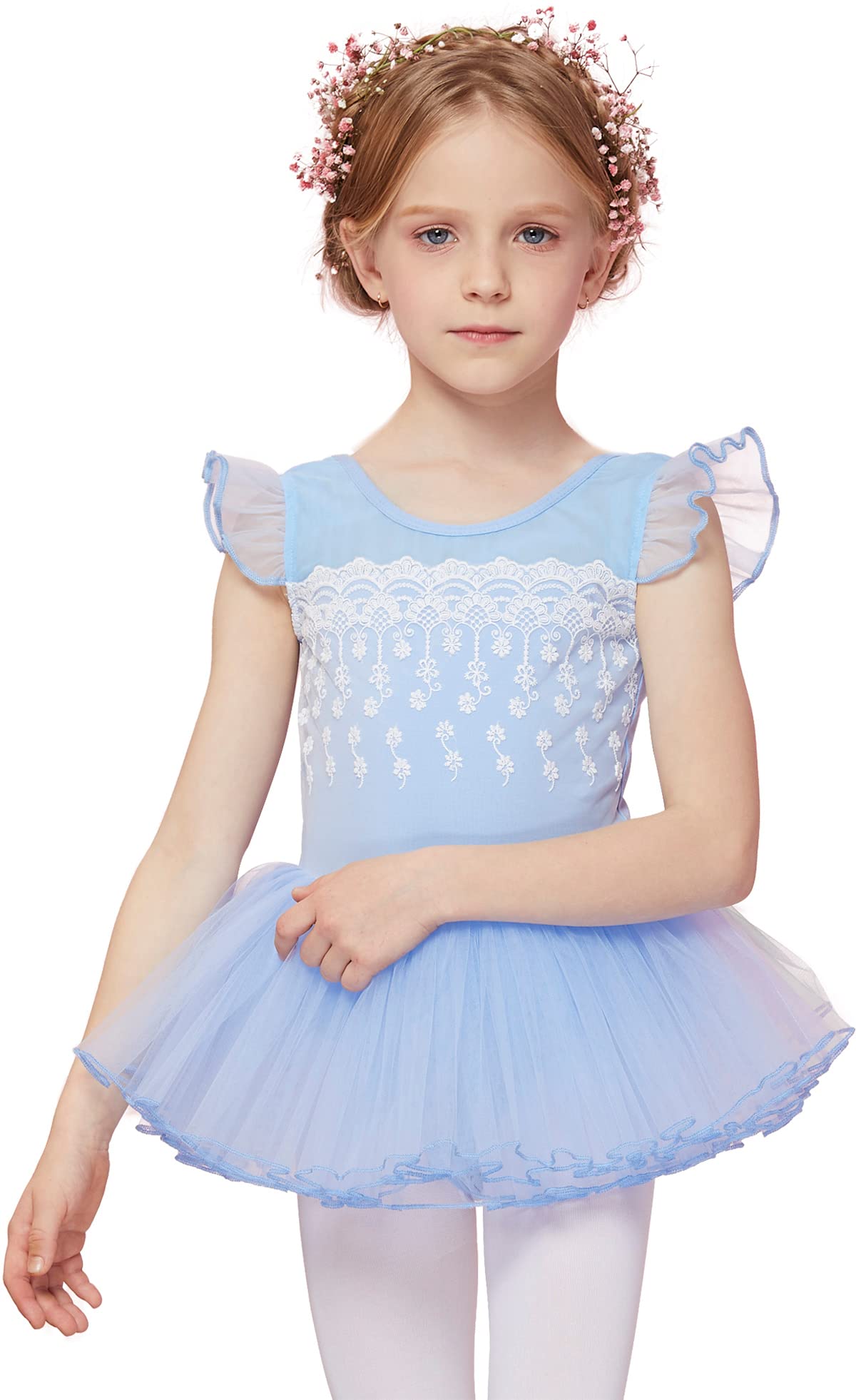MdnMd Fly Short Sleeve Lace Dance Ballet Tutu Leotard Ballerina Outfit for Toddler Girls