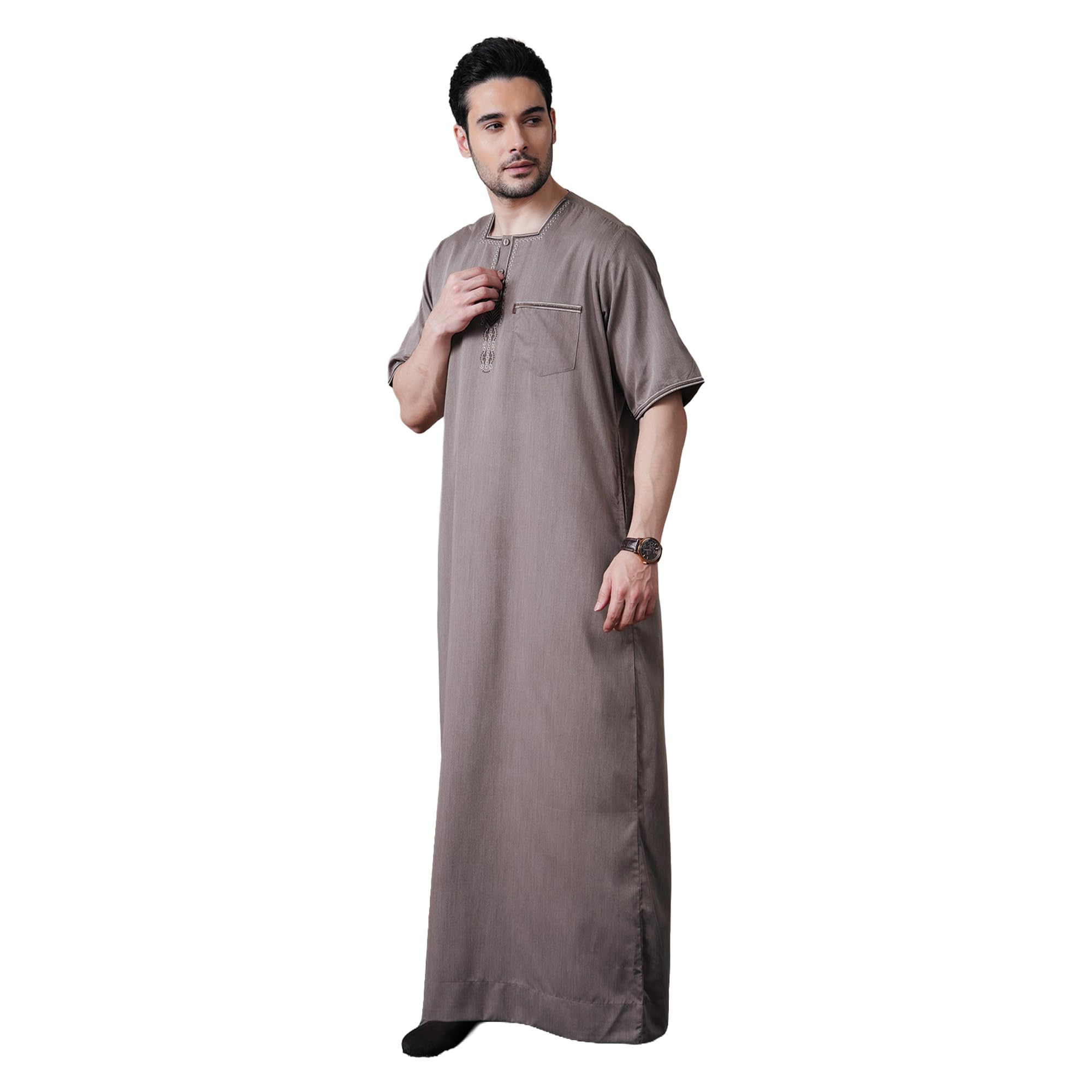 mashroo Brown Daqiq Half Sleeve Thobe Jubba for Men (M)-picture-11