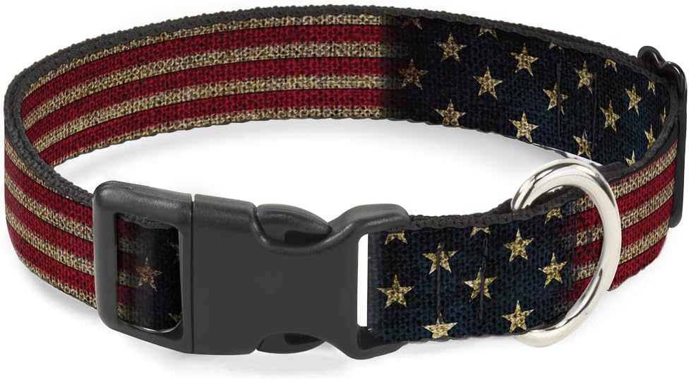 Buckle Down Plastic Clip Collar - Vintage US Flag Stretch - 1" Wide - Fits 11-17" Neck - Medium