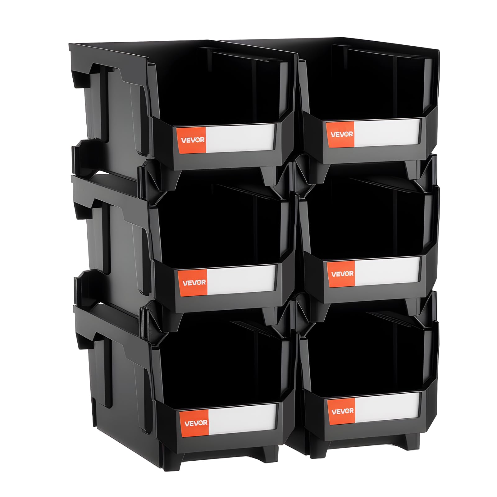 VEVOR Bac à Bec Empilable Lot de 6 Bacs de Rangement Plastique, 37,7 x 21,5 x 18 cm, Boites Rangement Empilables pour Atelier, Garage, Petites Pièces, Fournitures de Bureau et Autres Accessoires, Noir