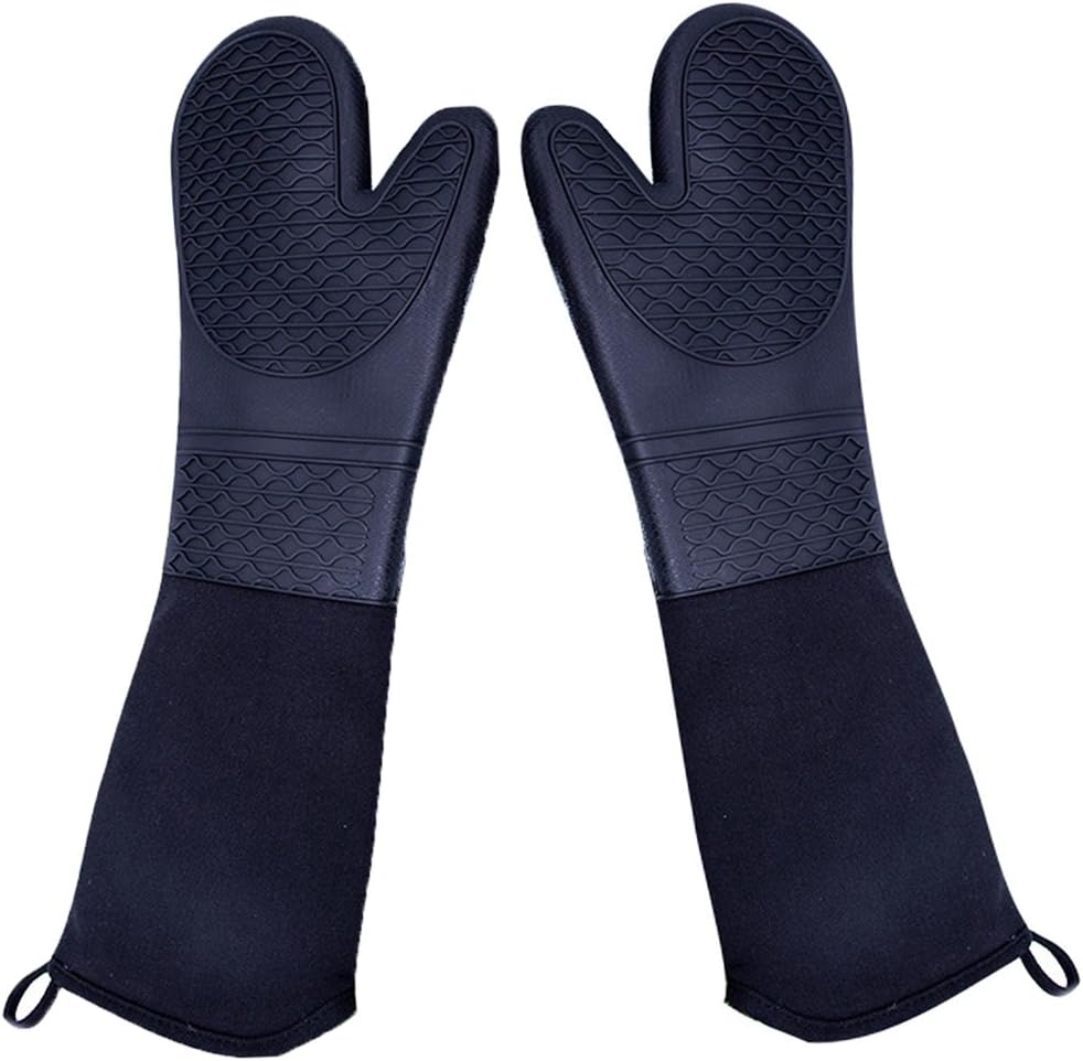 Extra Long Silicone Oven Mitts Heavy Duty Commercial Grade Oven Mitts Heat Resistant BBQ Gloves with Quilted Cotton Lining 2 Pack