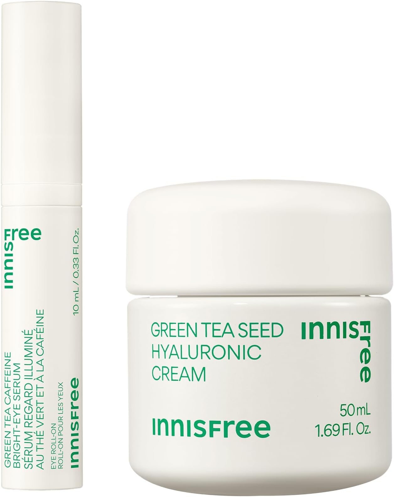 innisfree Green Tea Depuff + Hydrate Duo, Green Tea Caffeine Eye Serum + Green Tea Hyaluronic Cream, Korean Skincare with Eye Roll On and Cream for Hydrated, Glowing Skin