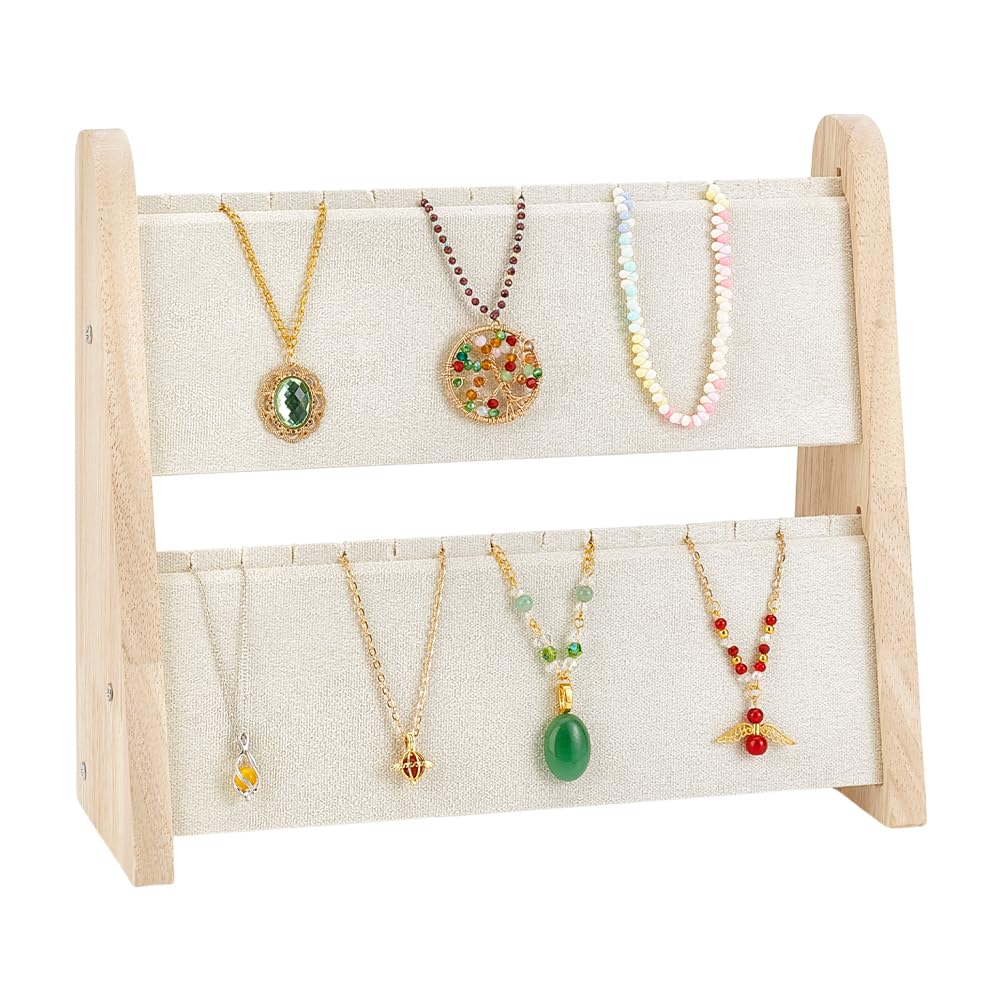 Présentoir à colliers en bois et velours beige PH PandaHall pour 34 bijoux