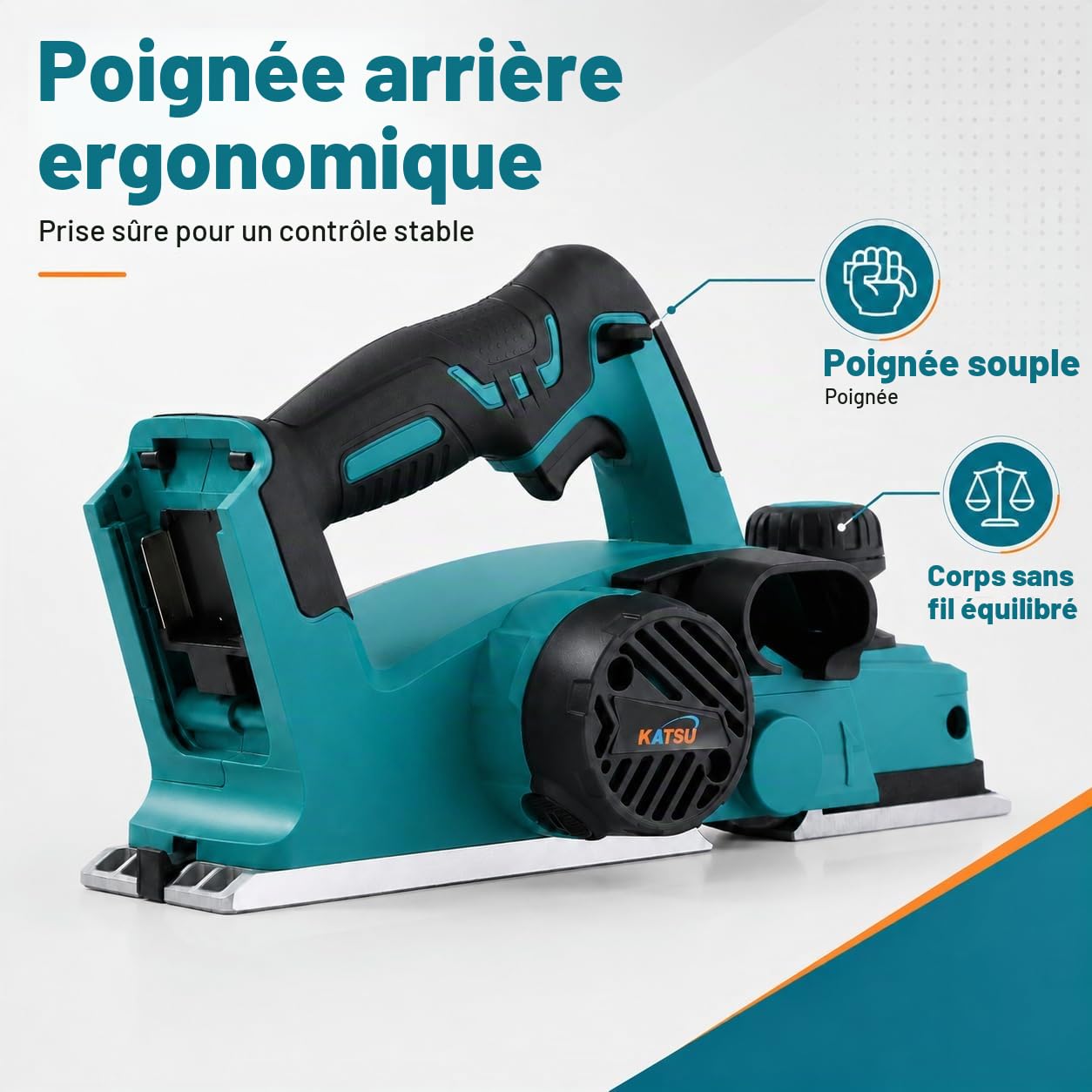 KATSU FIT-BAT 21V Rabot Sans Fil, Régime à Vide 15000RPM, Largeur de Rabotage 82mm et Profondeur 2mm, Raboteuse à Main électrique, Lames Supplémentaires Incluses, sans Batterie ni Chargeur
