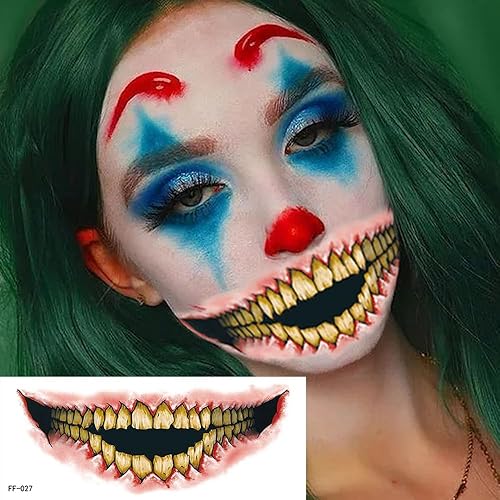 Miniatura 7 de 20 hojas de calcomanías temporales de tatuaje de Halloween para mujeres y hombres, broma, maquillaje, payaso, terror, aterrador, boca grande,
