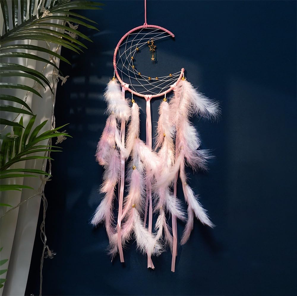 Attrape-rêves en forme de lune rose avec pendentifs en forme d'étoile et pompons en ruban et plumes 2 couleurs - Parfait pour chambre de fille, décoration d'intérieur, cadeau d'anniversaire et