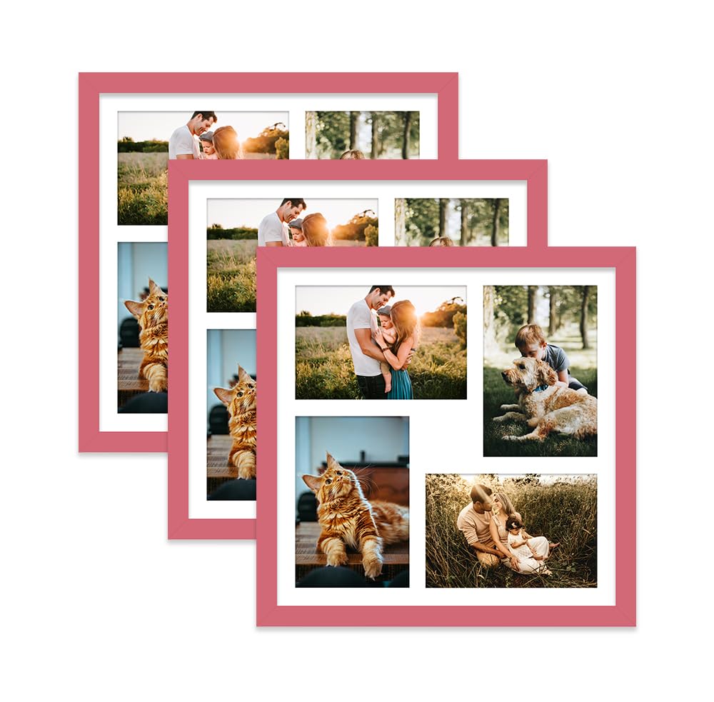 Pink Multi Photo Frame - Holds 4 x 6x4 Pictures, Family Collage Picture Frame for Wall Display, 12x12 Frame size, Set of 3