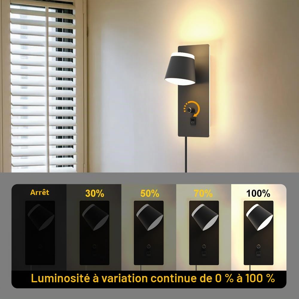 Sytmhoe 2 Pièces Appliques Murales Chambre Avec Prise Usb Type C Port, 3000K 4500K 6000K Dimmable Lampe De Chevet Liseuse Noire Avec Interrupteur, Art Deco Luminaire Mural Pour Salon Hôtel Appartement