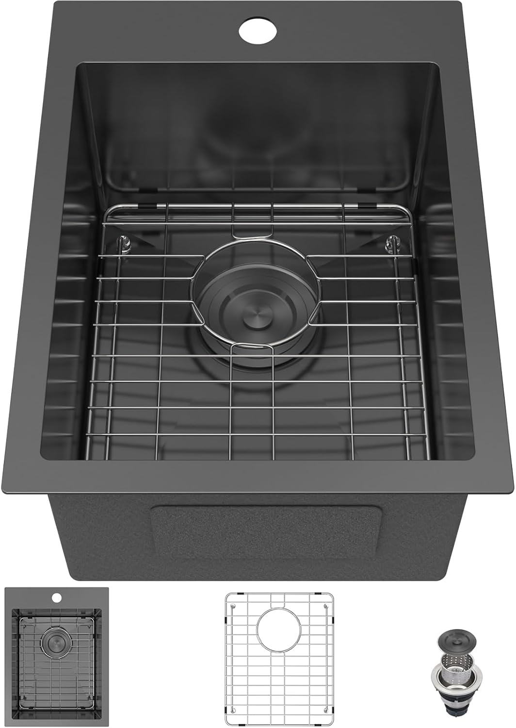 Black Sink Drop in Kitchen Sink 20 inch 16 Gauge - Craena,15x 20 Inch Stainless Steel Kitchen Sink Single Bowl with Accessories Gunmetal Black Drop In Sink 15" x 20" x 9"