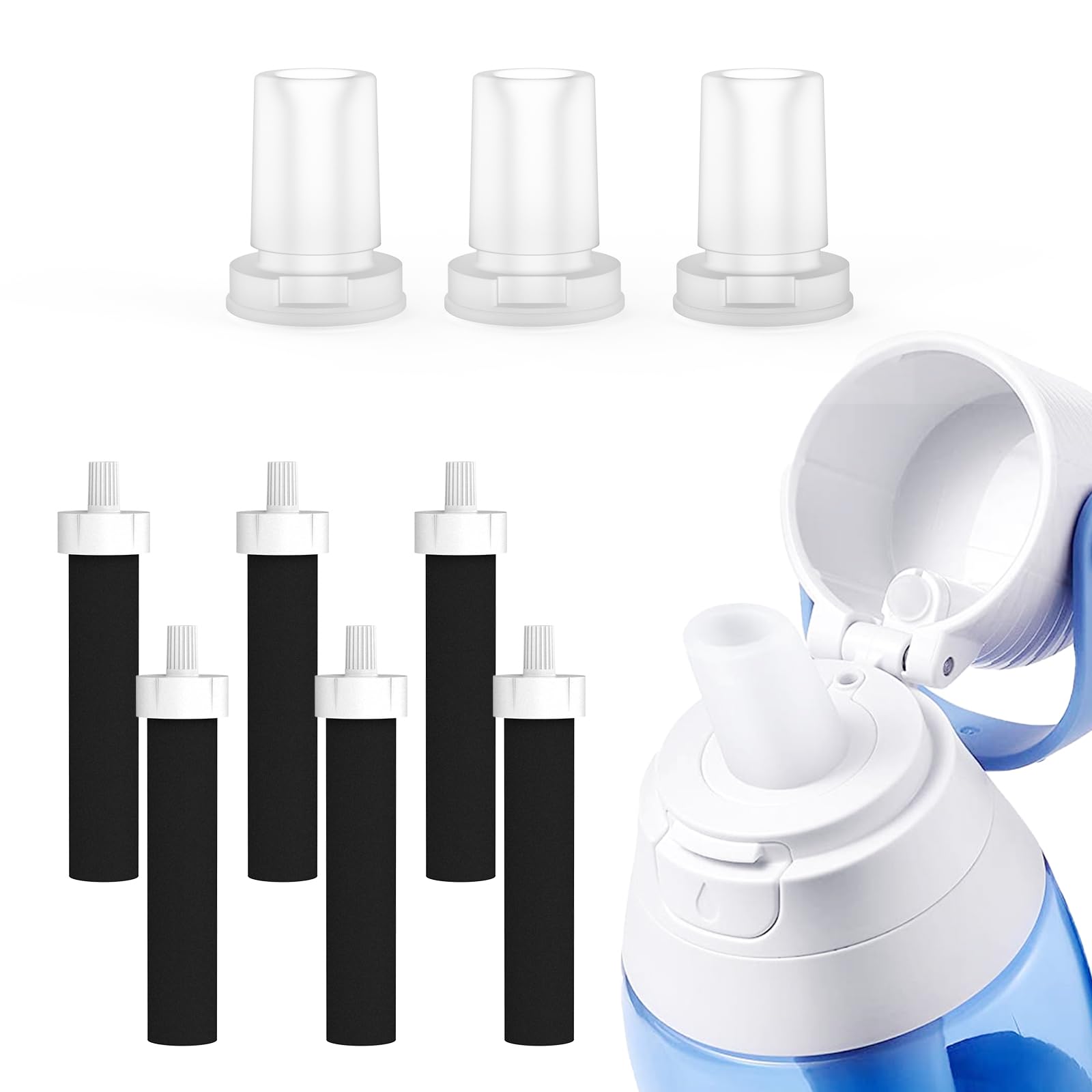 GLACIER FRESH Bite Valve and Filter Replacement for Brita Water Bottle - 6 Pack Filters and 3 Pack Silicone Mouthpieces for Stainless Steel and Plastic Bottles