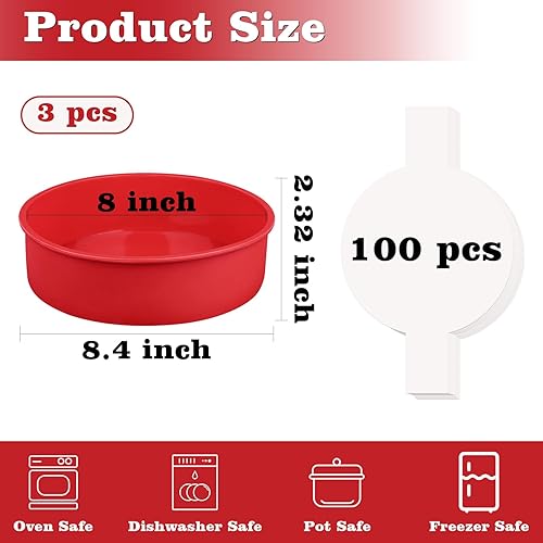 Miniatura 3 de HUAKENER Molde redondo para pasteles de 8 pulgadas, paquete de 3 moldes de silicona para pasteles con 100 piezas de papel pergamino, moldes