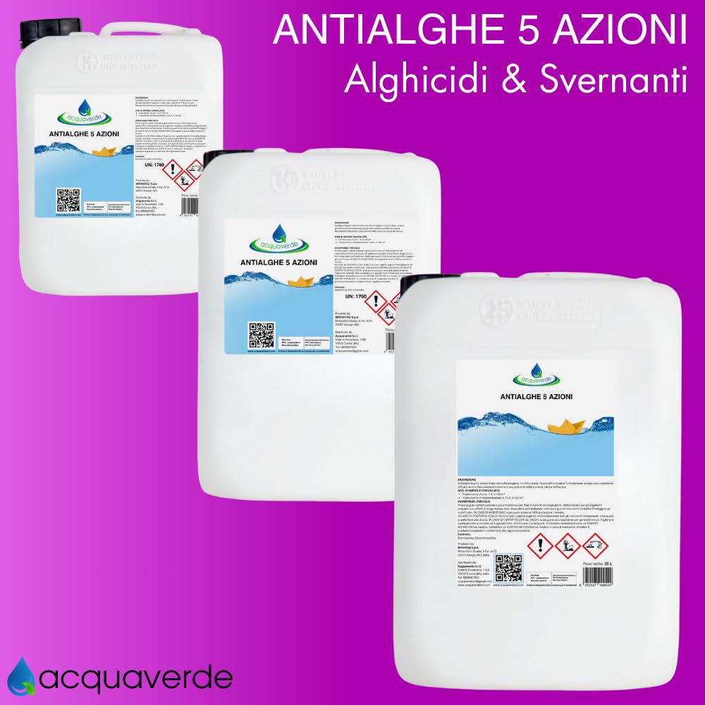 acquaverde | Antialghe 5 Azioni Liquido, Multifunzione non Schiumogeno, Trattamento Acqua di Piscina con effetto Alghicida, Inglobante, Flocculante, Azzurrante e Anticalcare, 25 kg