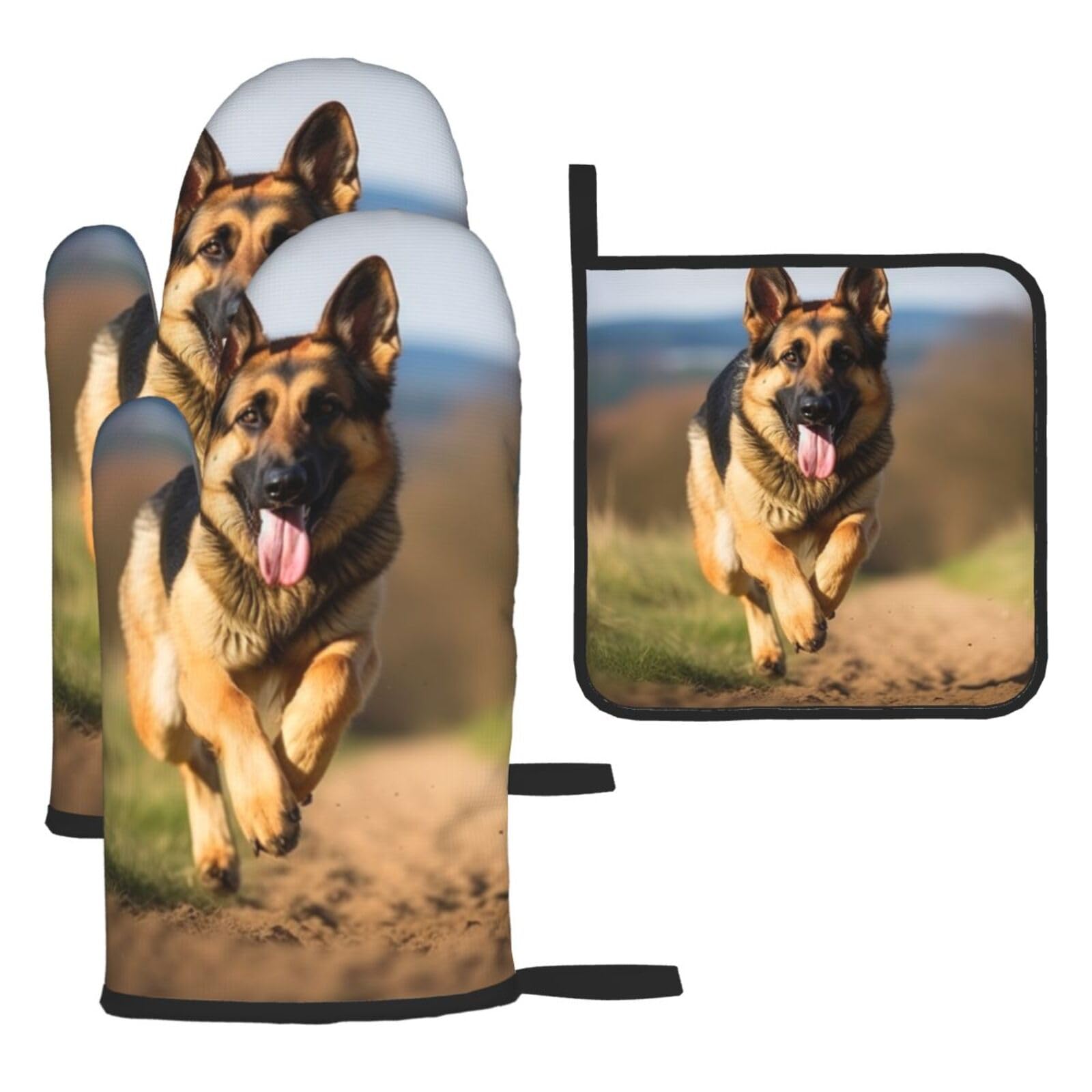 Oven Mitts and Pot Holders Set 3 pcs Kitchen Oven Glove Running German Shepherd Dog Oven Mitt Heat Resistant Oven Glove for Cooking Non-Slip Cooking Gloves Washable Potholders for Baking BBQ