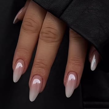 French False Nails Almond,24PCS Pink White Gradient Press on Nail, Full Cover Acrylic Nail Stick On Nails for Women Manicure Decor Pink White,Gradient