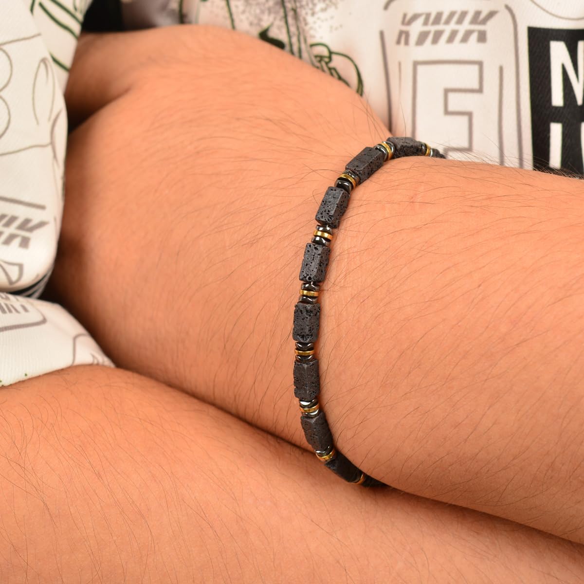 Men's Hematite Lava Rock Beaded Bracelet, Original Stylish Design, Adjustable Stainless Steel Handmade Bracelet, Gift for Dad Boyfriend Husband