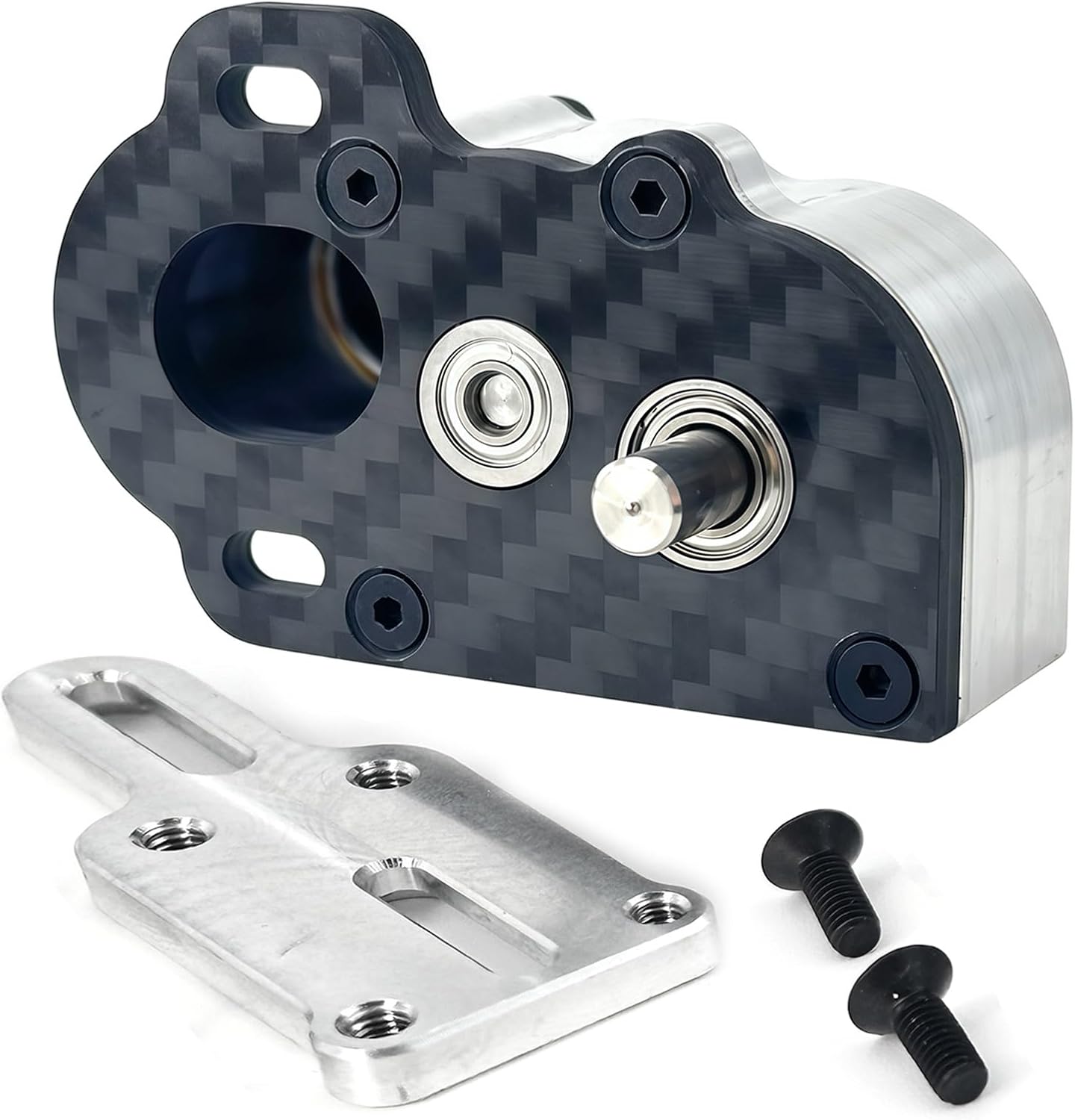 RC LCG Aluminum Gearbox Transmission with Carbon Fiber Skid Plate, CNC Machined Metal Drive Unit for 1/10 RC Crawler (Silver)