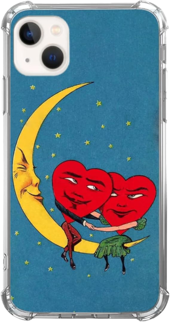 Oubliert Funny Vintage Lovers and Moon Case Compatible with iPhone 15, Trippy Hippie
