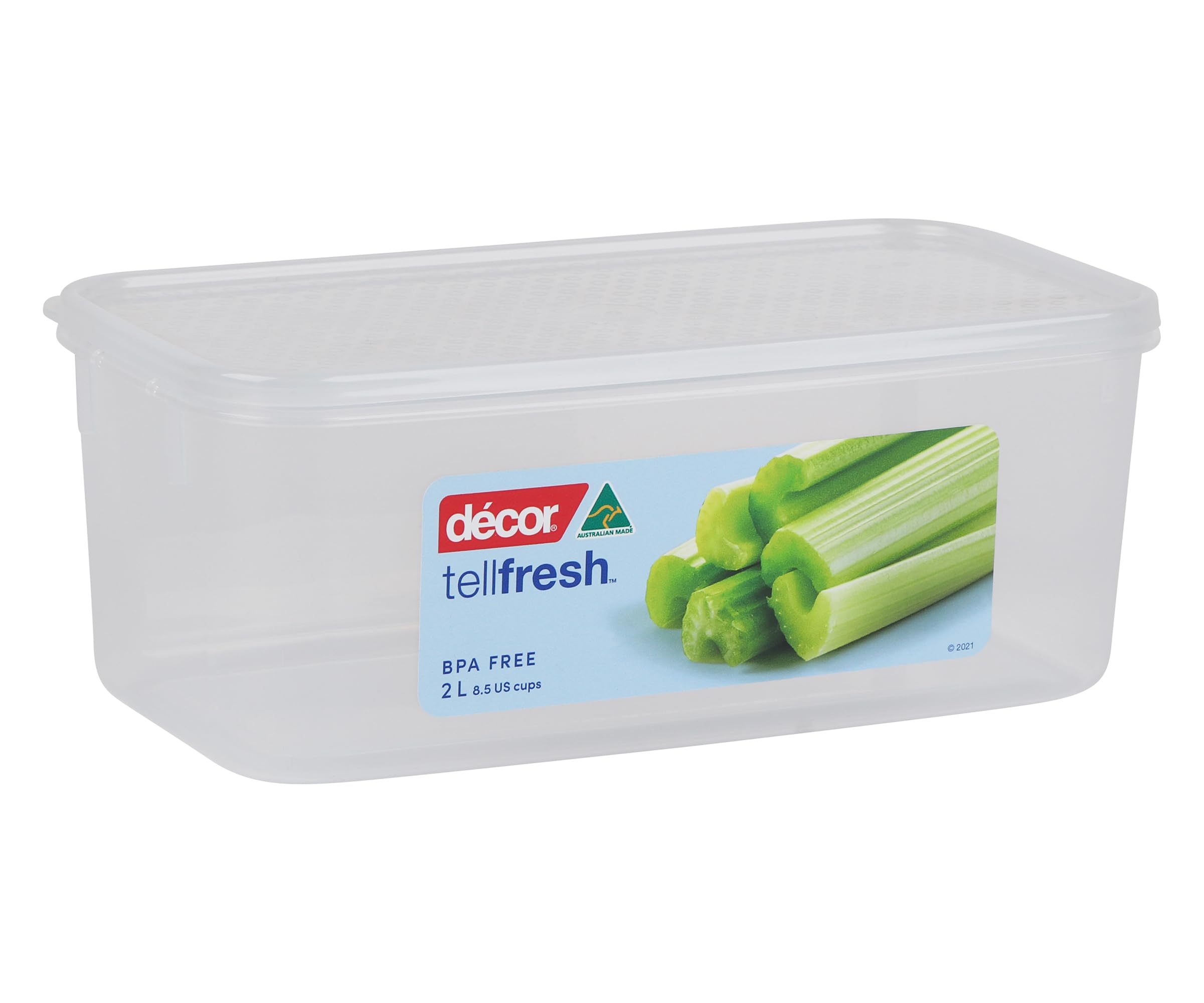 Décor 2L Tellfresh Airtight and stackable modular Oblong Food storage container. Graduated measure feature, BPA Free. Dishwasher, Microwave and freezer safe