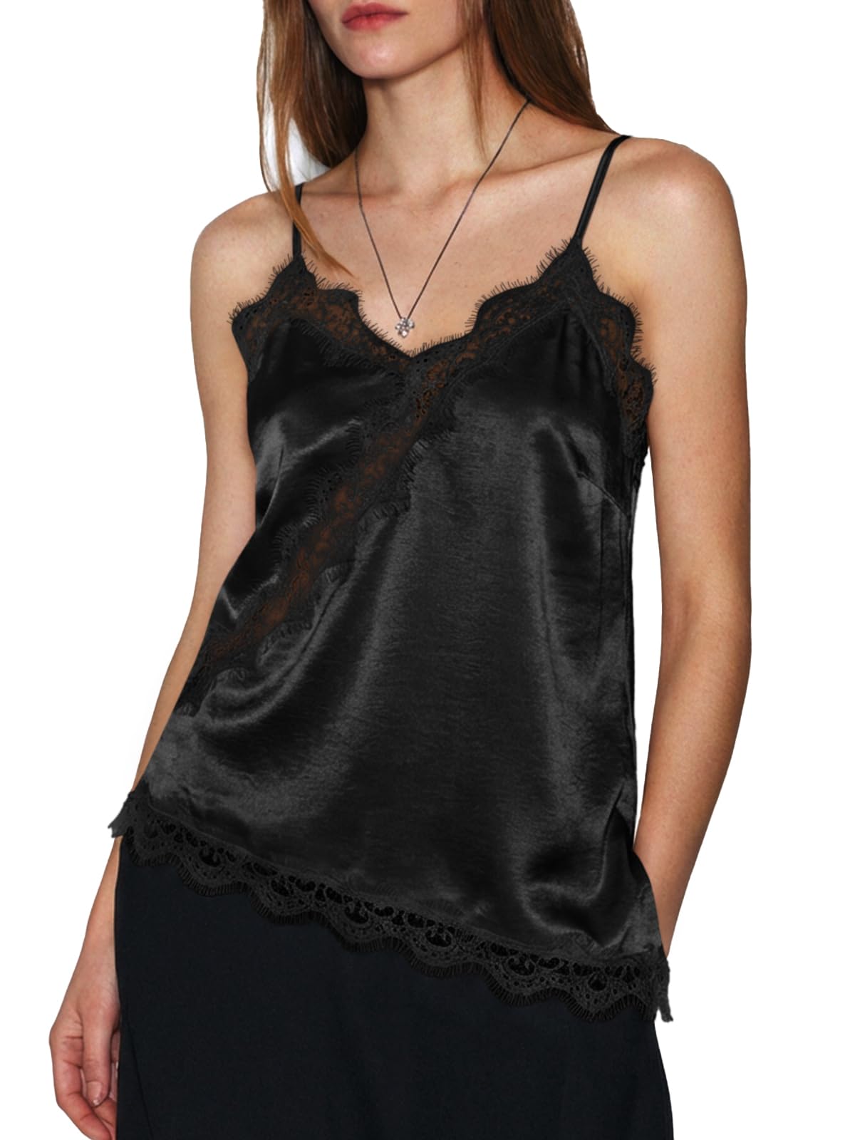 Cicy Bell Damen Spitzentops V Ausschnitt Satin Tank Top Ärmellose Rückenfrei Camisole Sommer Spaghetti Shirts mit Asymmetrischem Saum